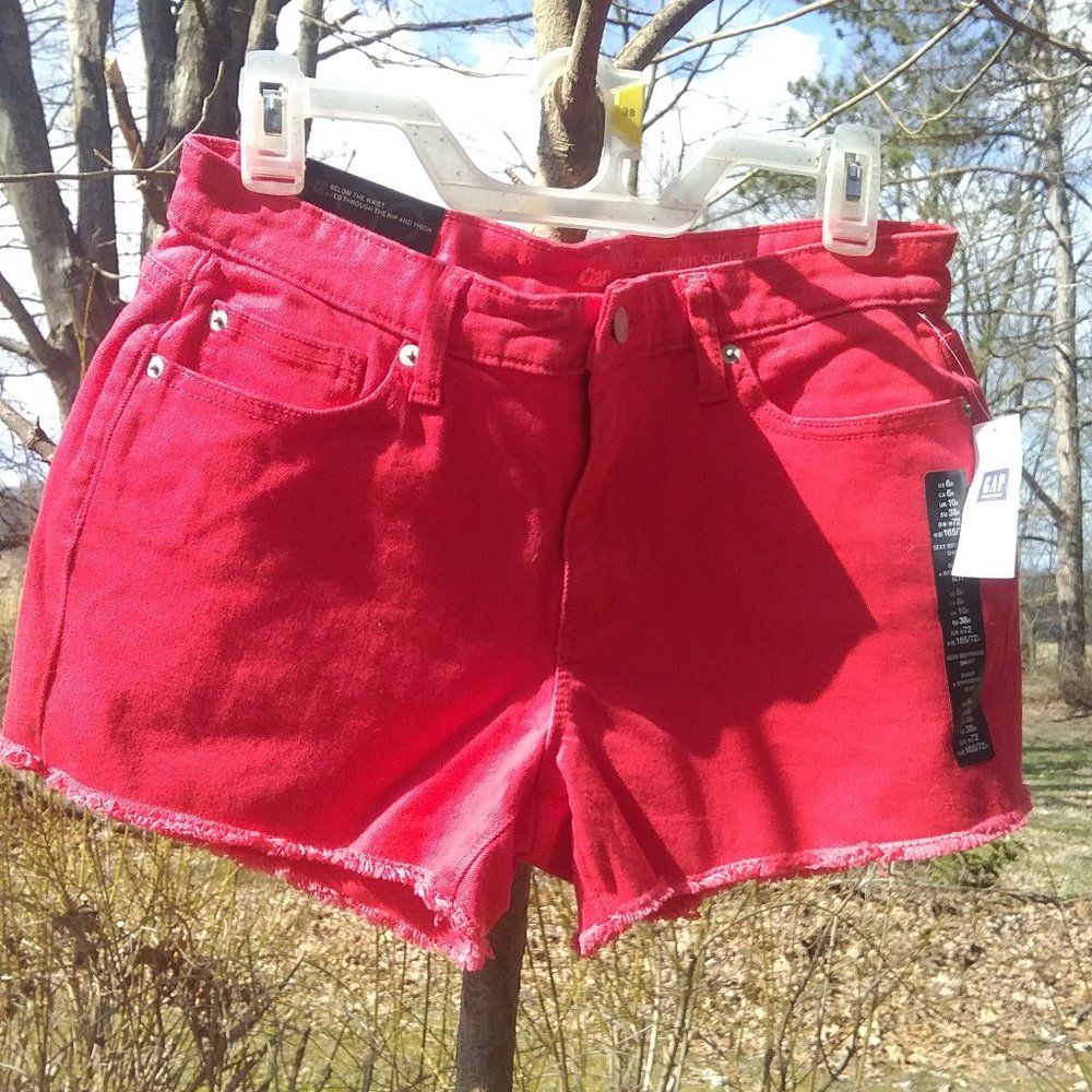 GAP Bright Red Frayed Hem Denim Shorts
